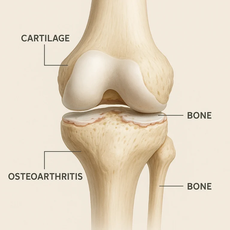 Medicinsk infografik over et knæled med slidgigt