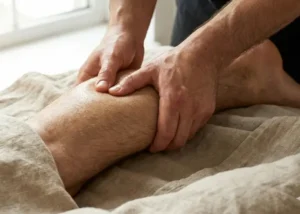 Dybdegående benmassage på klinik med fokus på lægmusklen