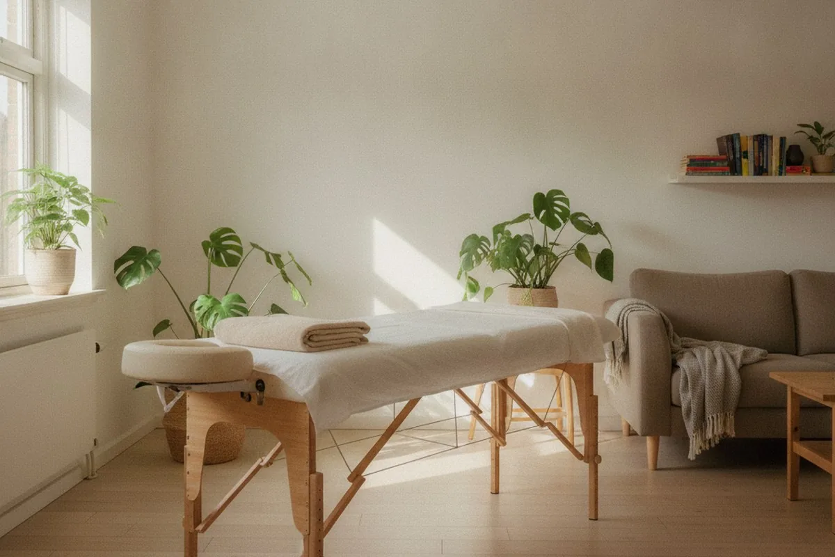 Massagebriks stillet op i en almindelig stue med sofa og plads omkring