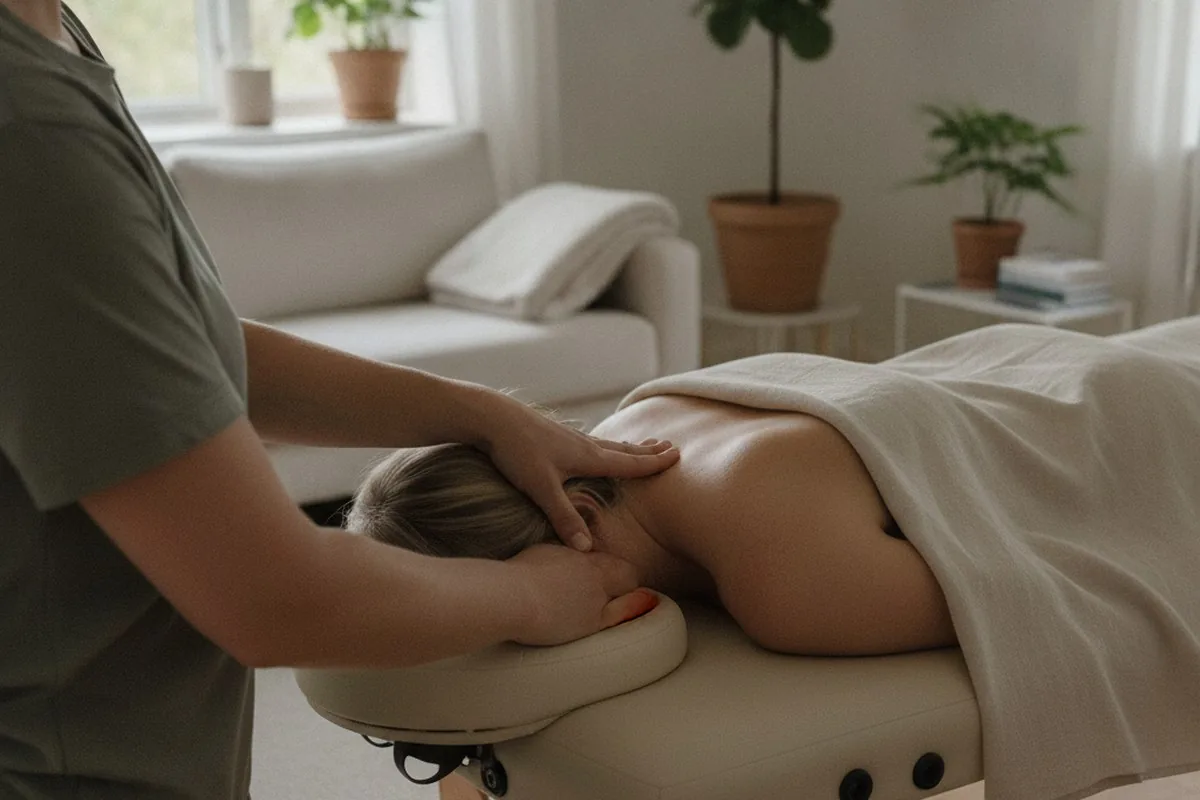 Behandler arbejder med spændinger i nakke og skuldre på en massagebriks i en stue