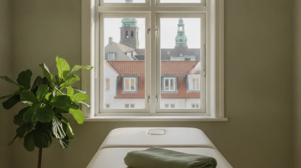 Lyst behandlingsrum med briks og udsigt over Københavns tage og kobbertårne