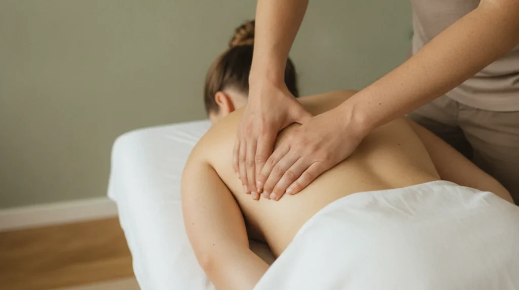 Massør giver dybdegående massage af skulder og øvre ryg på en briks
