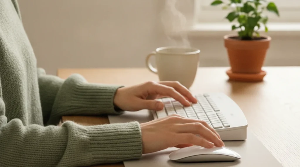 Hænder skriver på et tastatur med lige håndled ved et lyst skrivebord