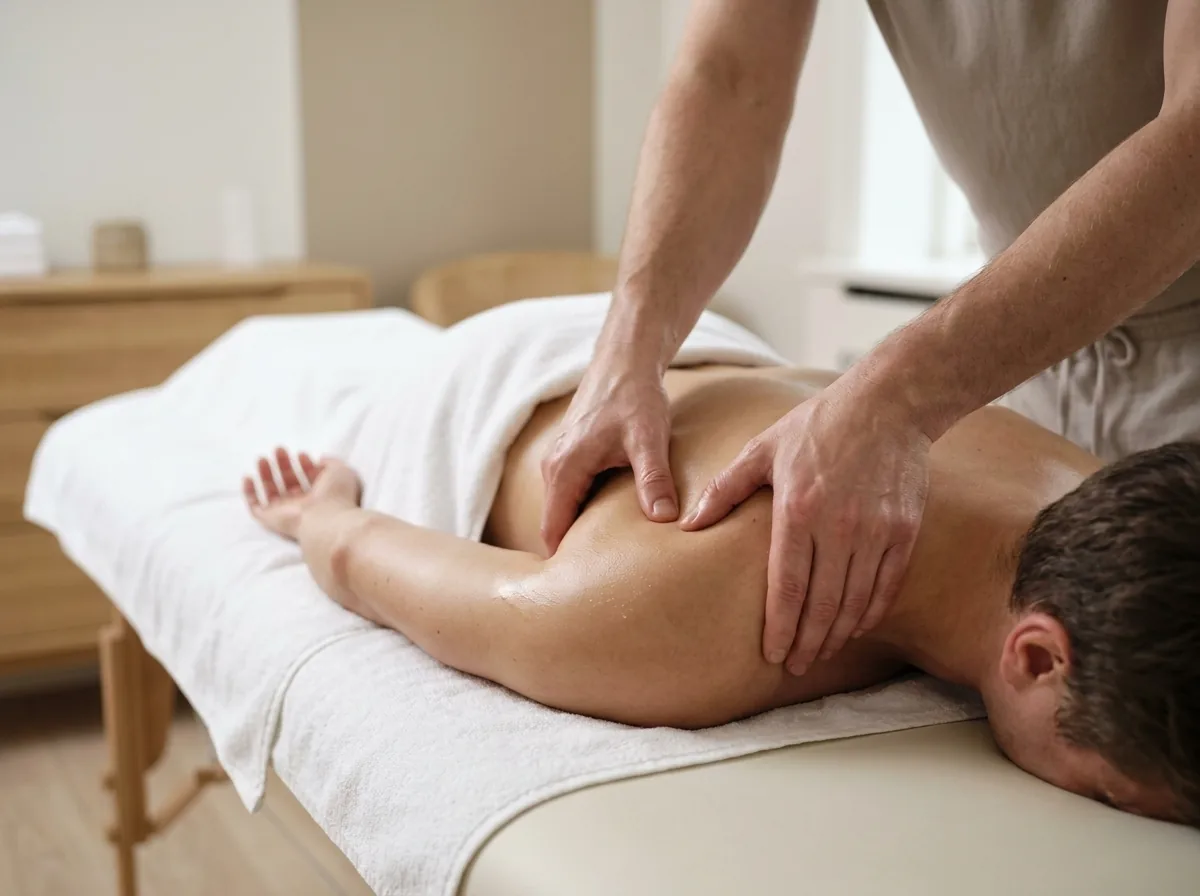 Massør arbejder med fast tryk på skuldermuskulaturen under en klassisk massage på briks med olie