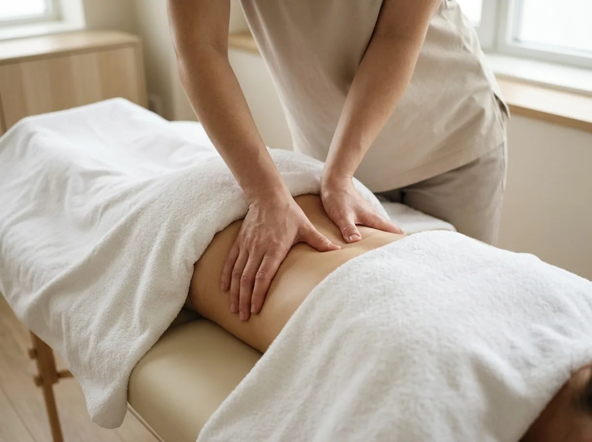 Behandlers hænder arbejder med lænderyggen under en massagebehandling