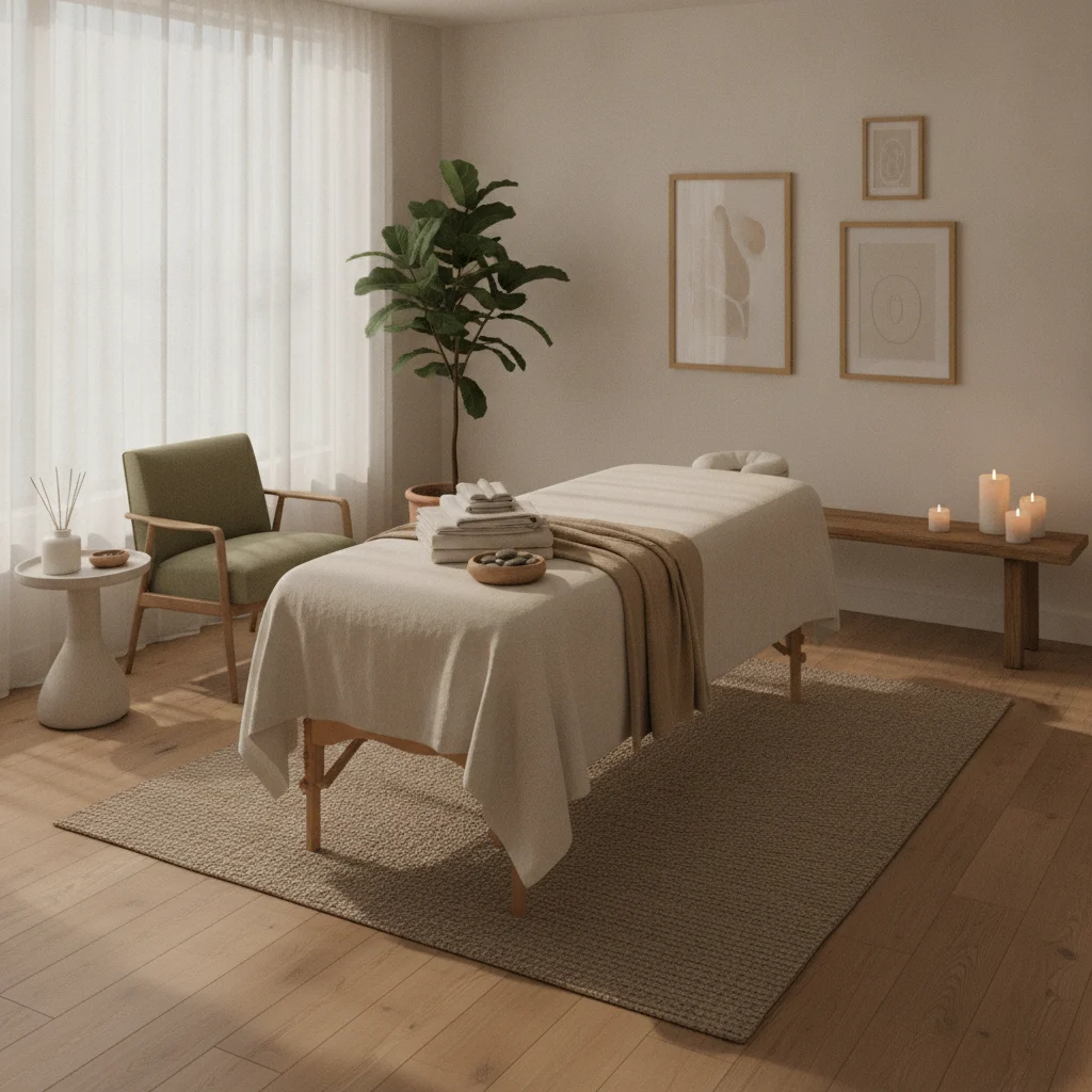 Rolig og indbydende massageklinik med behandlingsbriks og bløde tekstiler
