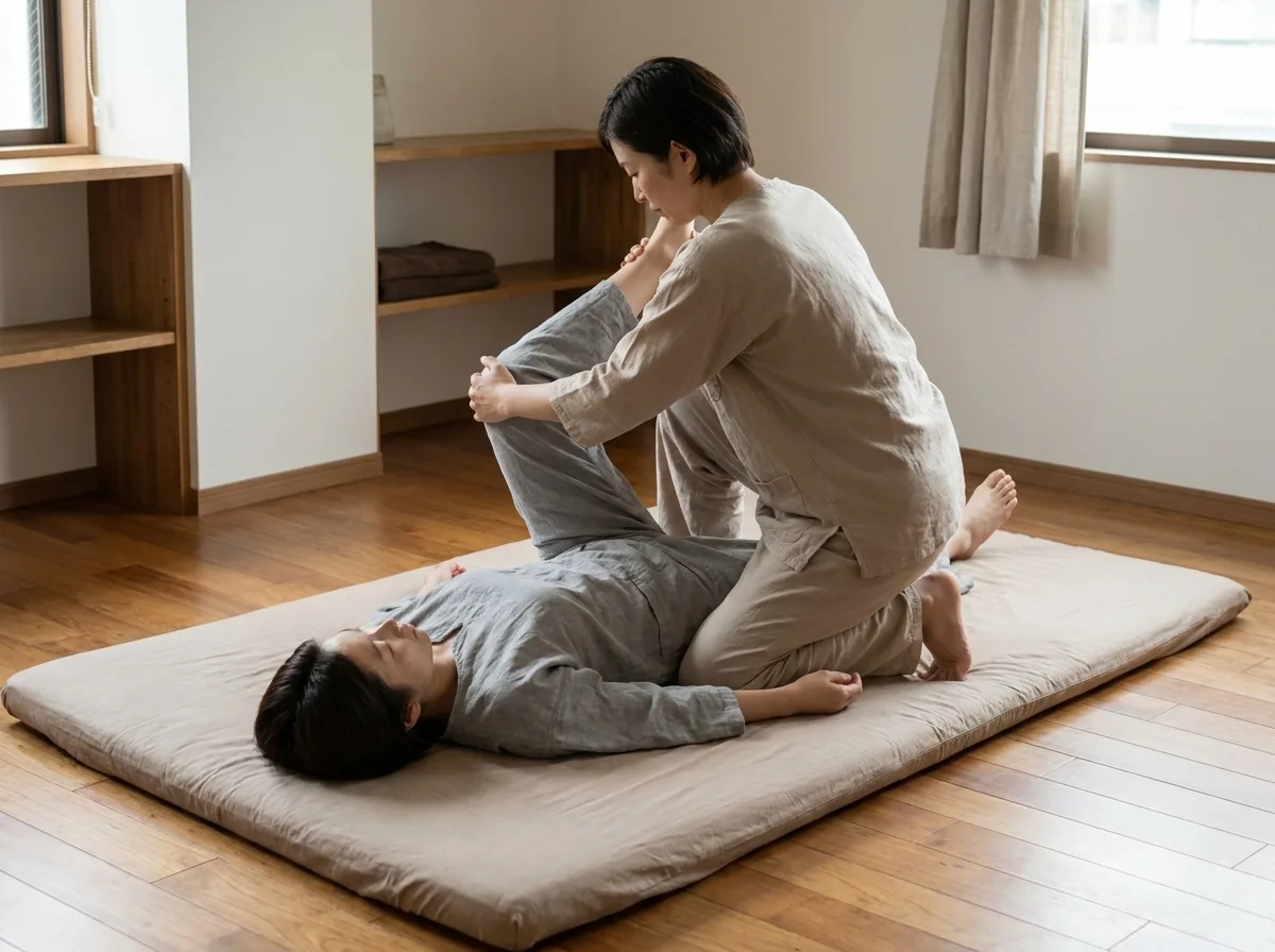 Behandler udfører et assisteret benstræk under thaimassage – begge er fuldt påklædte på en måtte på gulvet