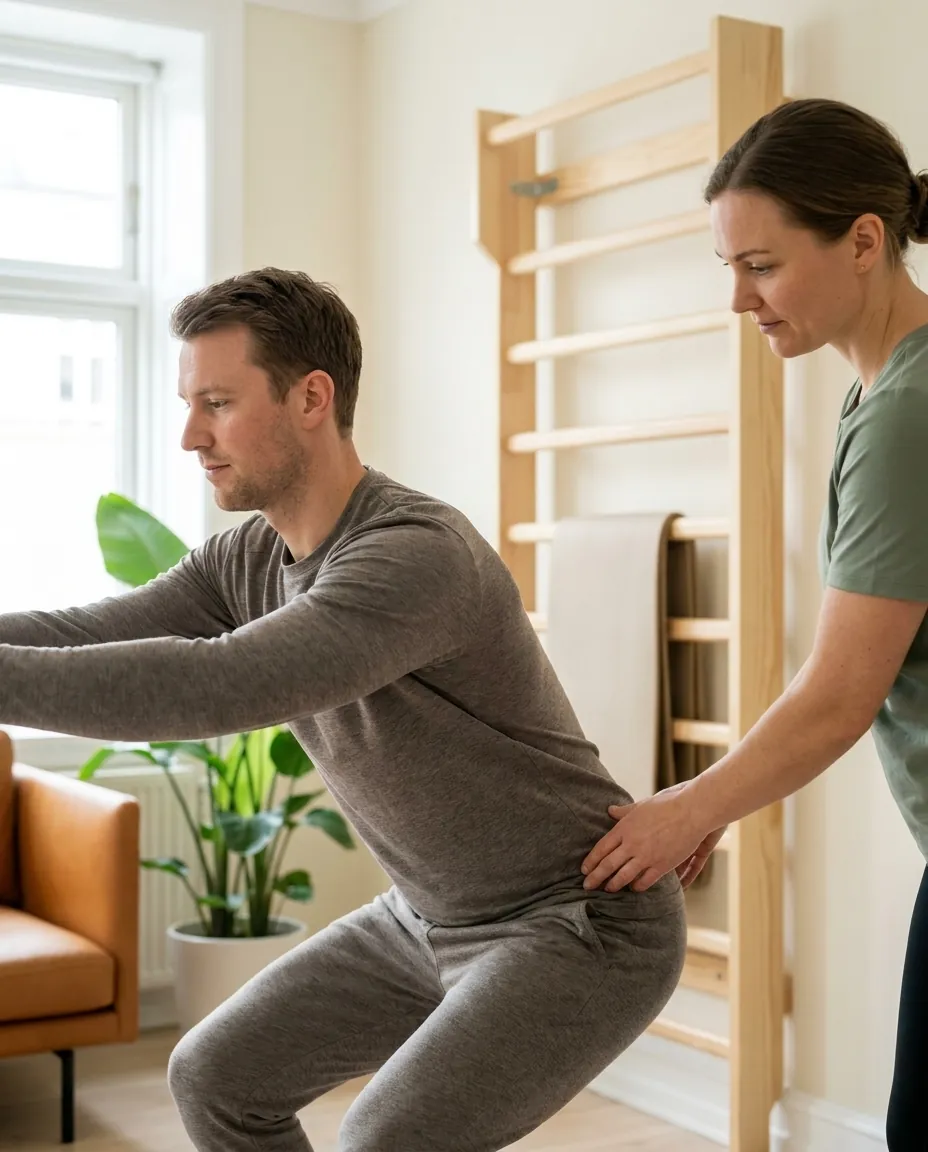 Fysioterapeut guider en klient gennem en squat-øvelse med hånden på hoften