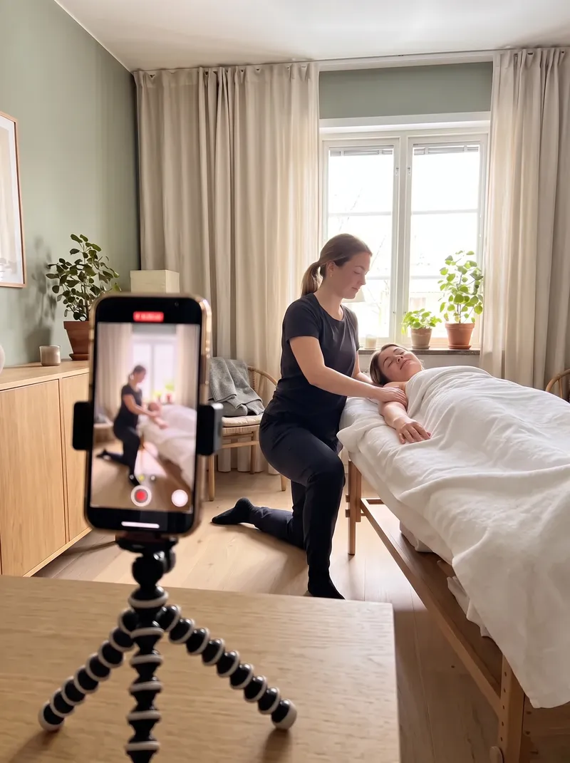 Telefon på stativ filmer en massagebehandling
