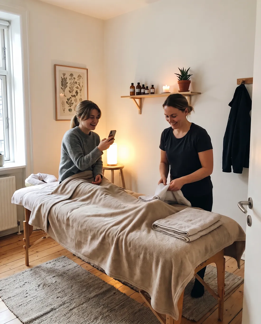 Creator filmer sig selv på massagebriksen i en hyggelig klinik, mens behandleren lægger håndklæder sammen